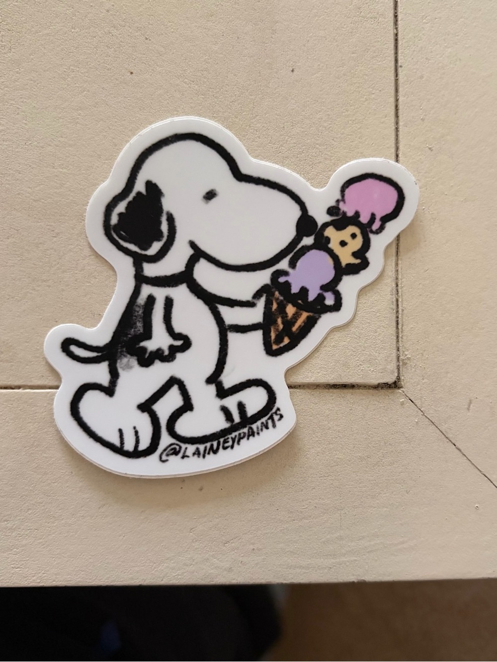 Snoopy Ice Cream Sticker — White with Pink & Purple Scoops
